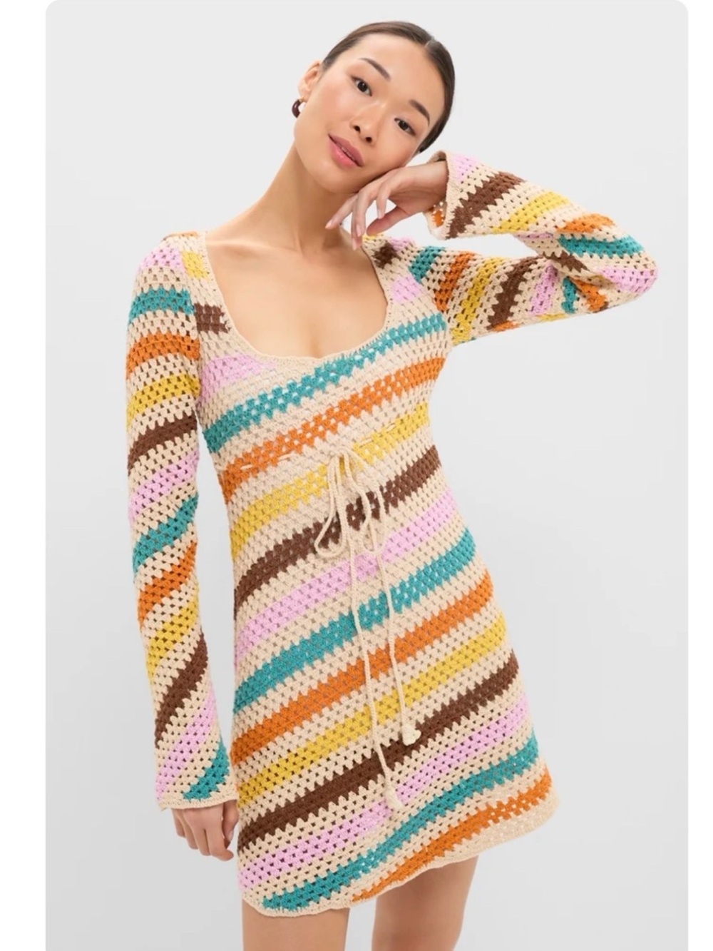 SAYLOR Cream Multi-Stripe Crochet Scoop-Neck Cover-Up